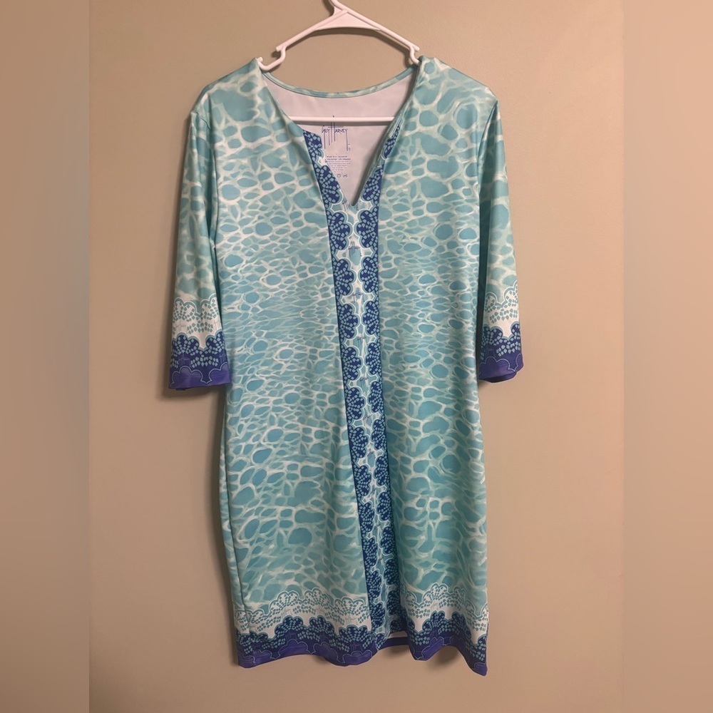 Guy Harvey Aqua and Navy Printed V-Neck Dress